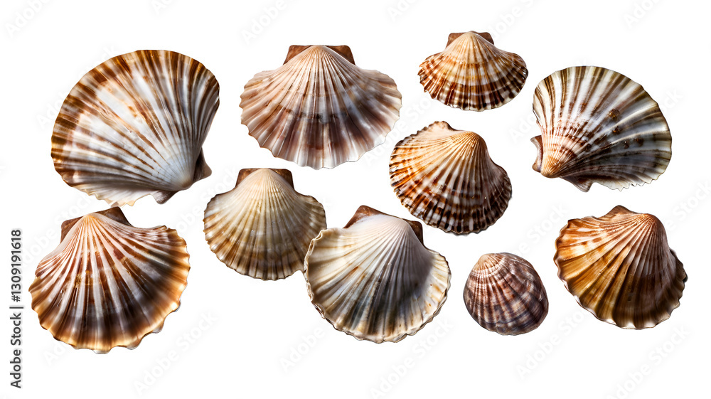 Set of scallop shells ocean marine isolated on white background png Set of scallop shells ocean marine isolated on white background png