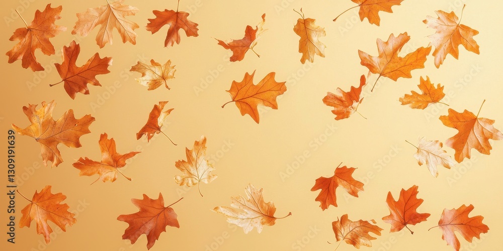 Obraz premium Floating autumn orange oak leaves on a pastel yellow background