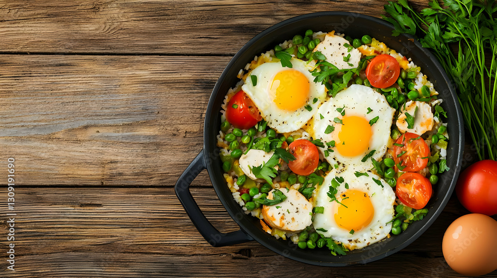 Overhead View Of Fried Eggs with Tomatoes Peas and Parsley in a Black Pan on a Rustic Wooden Table Overhead View Of Fried Eggs with Tomatoes Peas and Parsley in a Black Pan on a Rustic Wooden Table