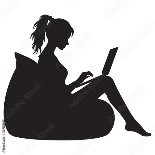 Silhouette of woman working on laptop sitting in beanbag illustration