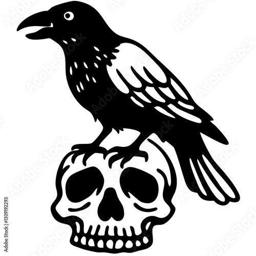 Raven Perched on Human Skull Vector Illustration for Tattoo and Gothic Art
