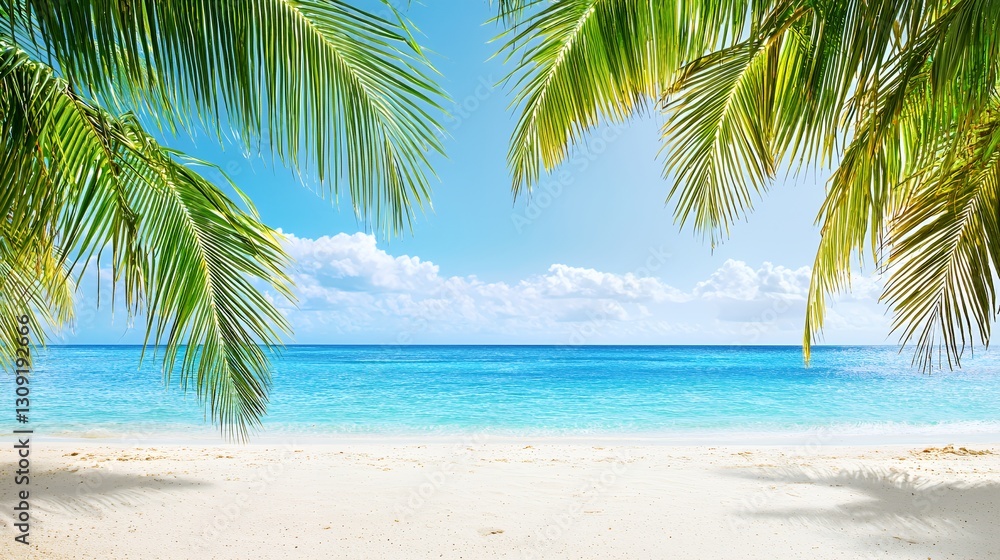 Fototapeta premium Tropical Beach Paradise: Vibrant Blue Ocean, White Sand, and Lush Palm Trees