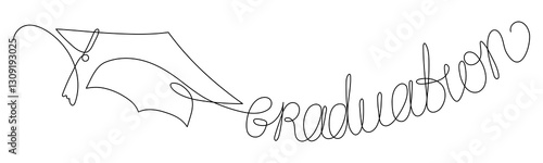 Graduation cap with word "Graduation". Continuous line drawing.