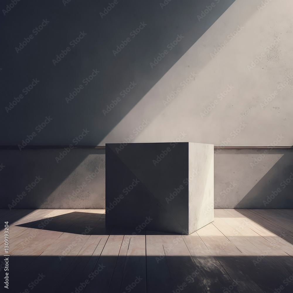 Minimalist Concrete Cube on Wooden Floor with Sunlight Shadow Minimalist Concrete Cube on Wooden Floor with Sunlight Shadow