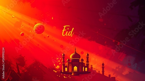 Eid mubarak islamic design hanging ramadan candle lantern and mosque, Abstract background animation religious Asian Muslim festival celebration