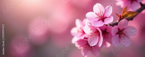 Vibrant pink cherry blossoms, bokeh effect, spring floral scene, bloom, blurred