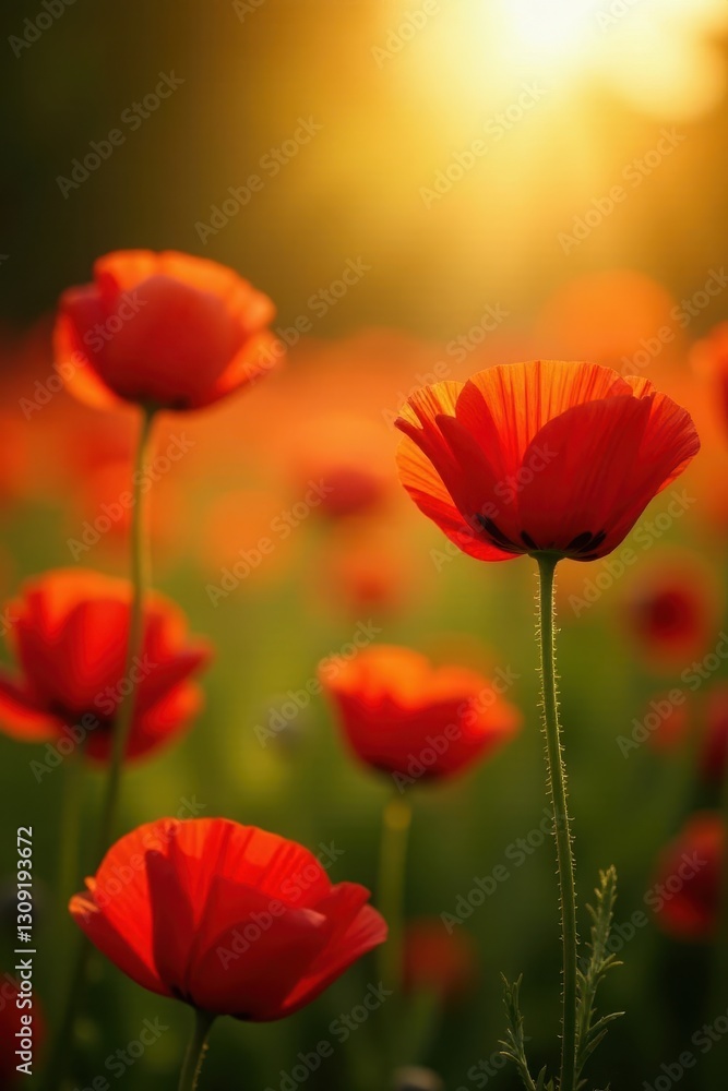 Vibrant red poppies bathed in golden sunlight , flora, red Vibrant red poppies bathed in golden sunlight , flora, red