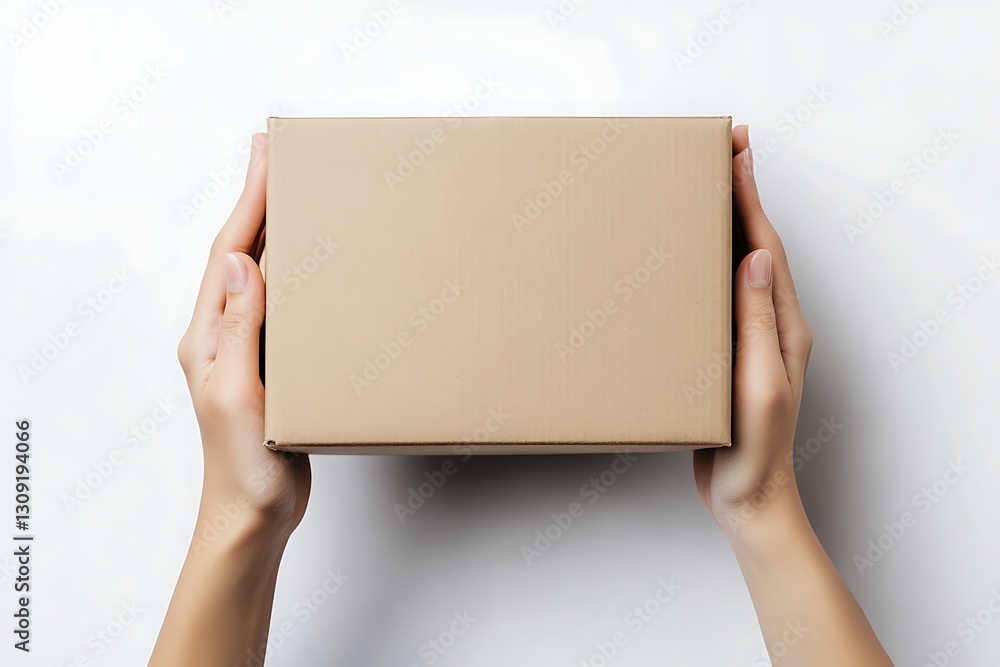 Hands Holding Small Brown Cardboard Box, Delivery Package Mockup, Top View Hands Holding Small Brown Cardboard Box, Delivery Package Mockup, Top View