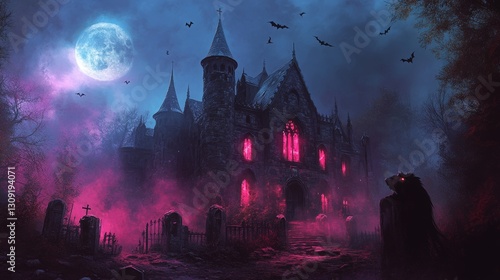 An eerie gothic vampire mansion under the full moon, surrounded by dead trees and a fog-covered graveyard. The mansion has sharp spires, cracked stone walls, and glowing red windows. A vampire with a 