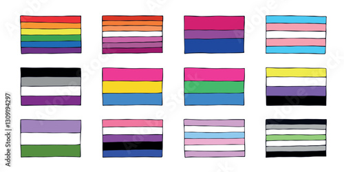 Set of colorful LGBTQ+ pride flags Gender equality and sexual identity pride flags collection LGBTQIA community pride month