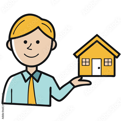 Real Estate Agent Cartoon with Illustrated House for Marketing and Promotion