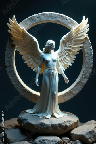 White-winged celestial being in stone circle, dark background, sacred, mystical, contrast