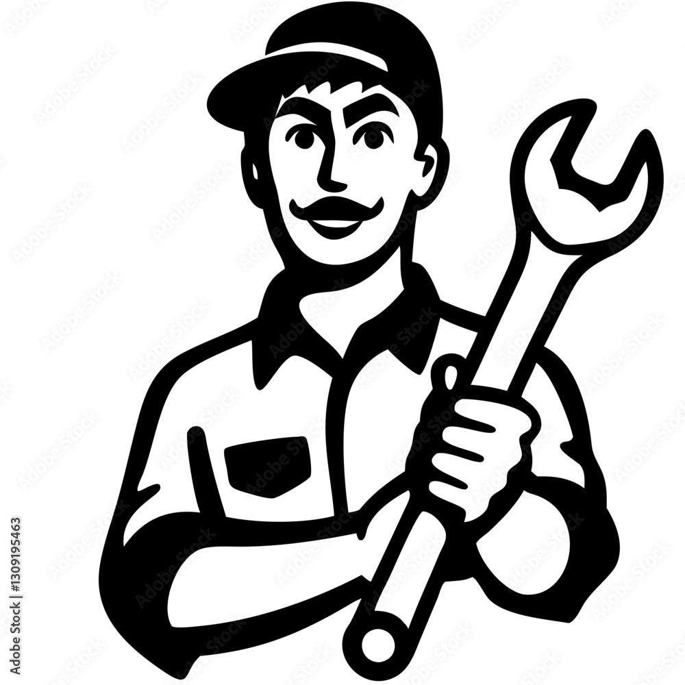 Mechanic Holding Wrench Vector Illustration for Repair Services and Automotive Themes Mechanic Holding Wrench Vector Illustration for Repair Services and Automotive Themes