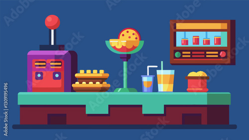 A joystickshaped bar counter serving up pixelated tails and snacks to fuel players gaming adventures.. Vector illustration