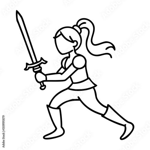 Vector Illustration Female Warrior with Sword in Battle Stance