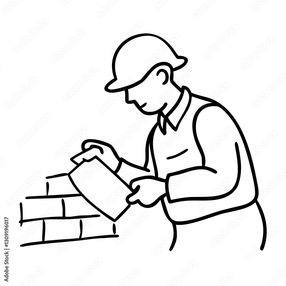 Construction Worker Building Brick Wall Line Art Illustration for Design Projects Construction Worker Building Brick Wall Line Art Illustration for Design Projects