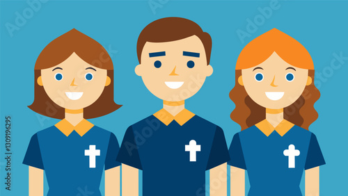The greeters wear matching shirts adorned with the church logo ready to give warm hellos to all who enter.. Vector illustration
