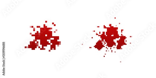 Pixelated red blood splashes with scattered droplets, creating a chaotic and messy effect. Ideal for horror, retro games, and eerie digital designs.