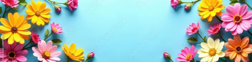 Vibrant spring flowers forming a square frame against a light blue background , square frame, spring, spring blossom Vibrant spring flowers forming a square frame against a light blue background , square frame, spring, spring blossom
