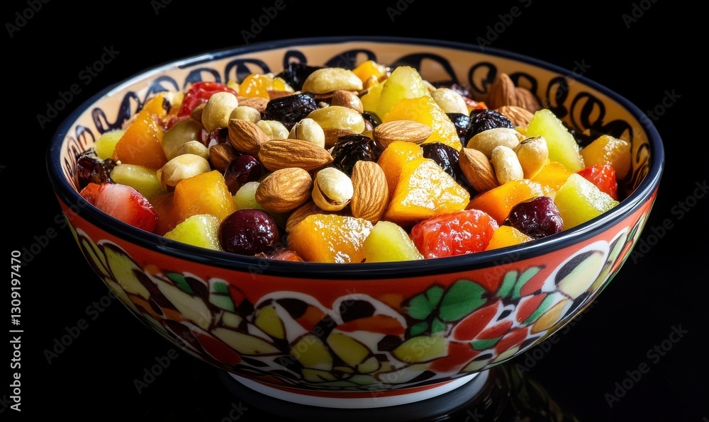 A colorful bowl of fresh fruits and nuts for a healthy snack. A colorful bowl of fresh fruits and nuts for a healthy snack.