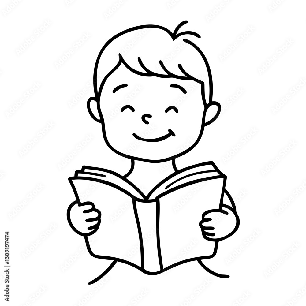 Smiling Child Reading Book Line Art Illustration for Education and Creativity Smiling Child Reading Book Line Art Illustration for Education and Creativity