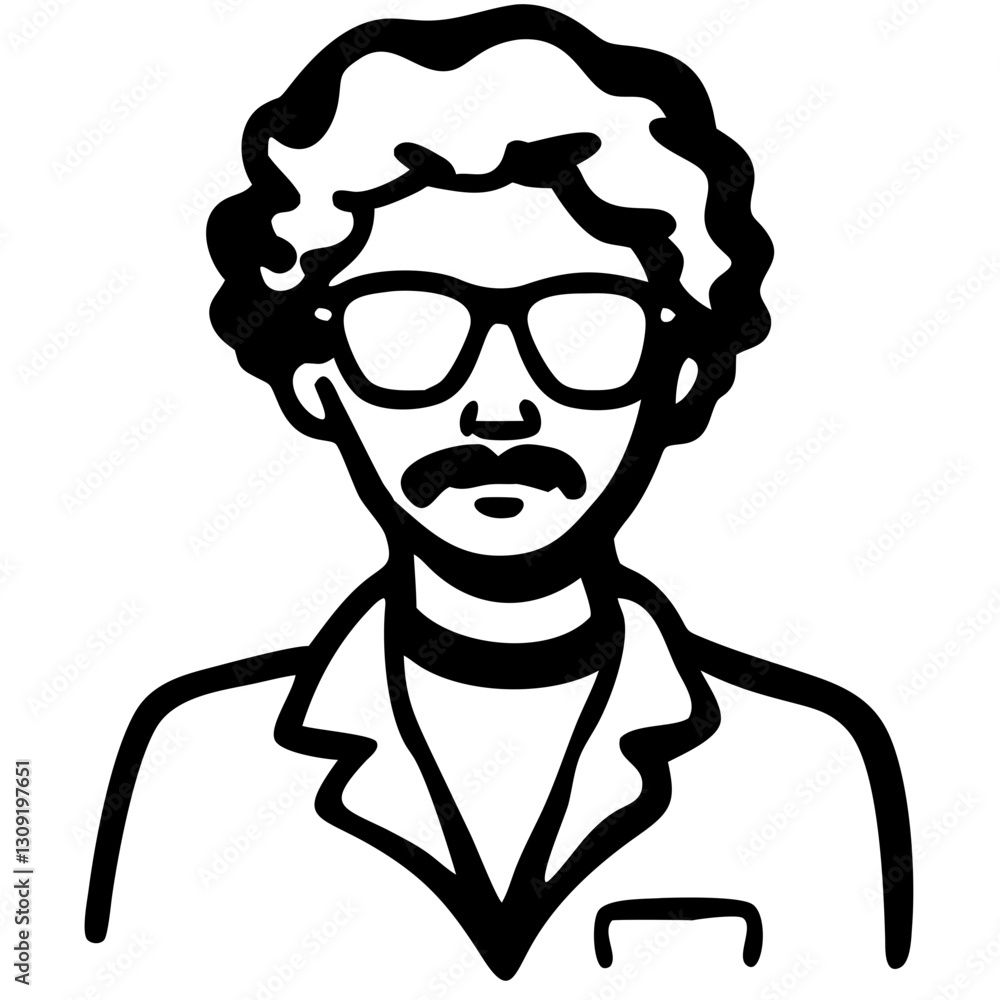 Retro Style Man with Curly Hair Mustache and Glasses Vector Illustration Retro Style Man with Curly Hair Mustache and Glasses Vector Illustration