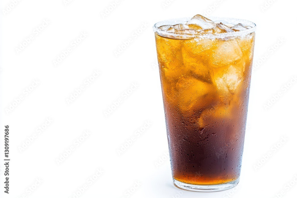 Refreshing Iced Coffee in Frosty Glass with Clear Ice Cubes on White Background Refreshing Iced Coffee in Frosty Glass with Clear Ice Cubes on White Background