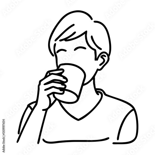 Minimalist Line Art Coffee Drinker Enjoying Beverage Vector Illustration