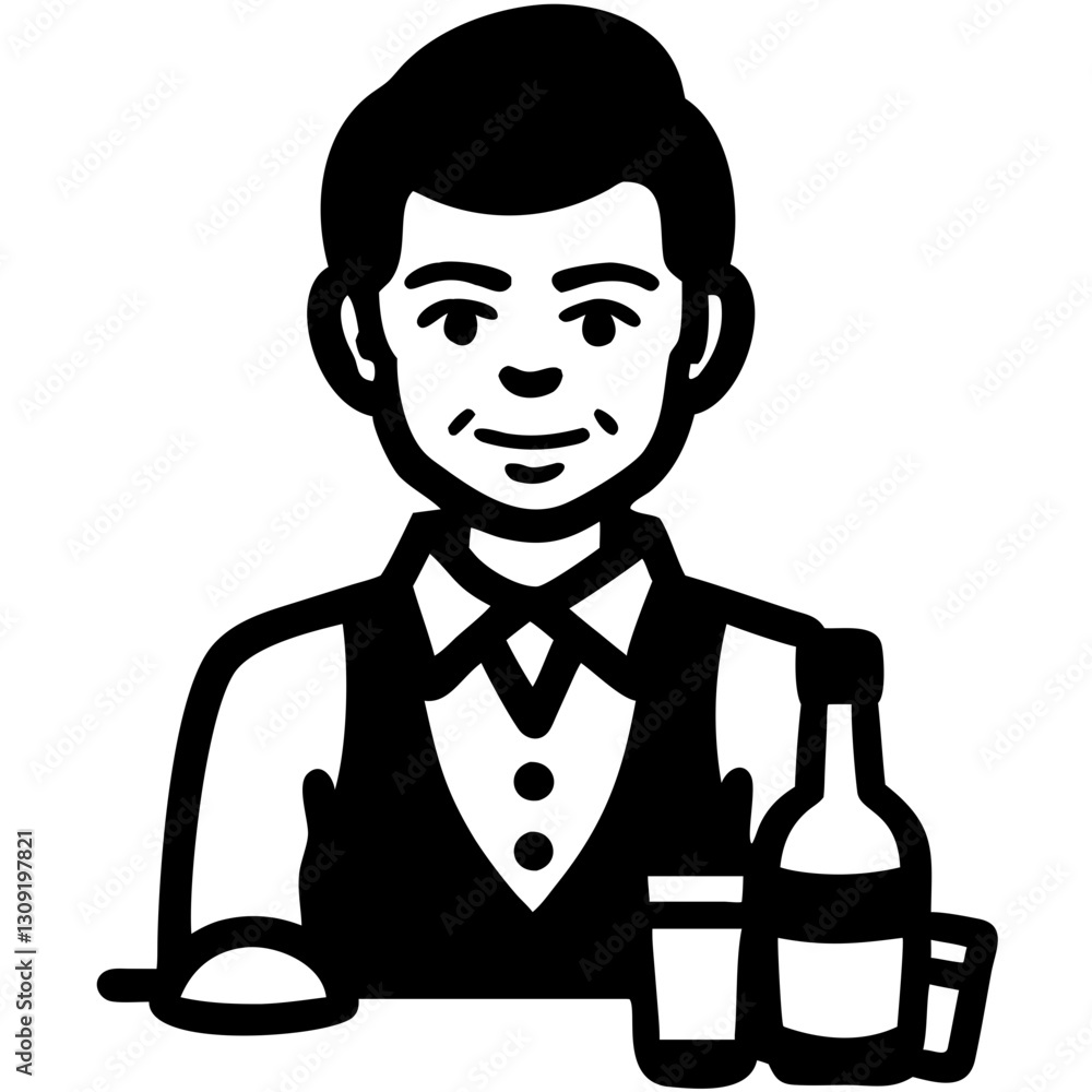 Bartender Vector with Bottle and Glasses for Restaurant Menus and Graphics Bartender Vector with Bottle and Glasses for Restaurant Menus and Graphics