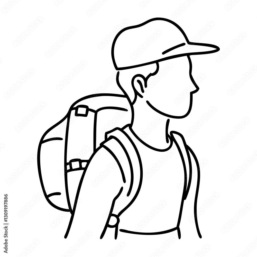 Obraz premium Outline Vector Illustration Backpacker Traveler with Cap Ready for Adventure