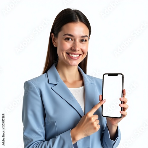 business woman showing blank phone on her hand with a smile