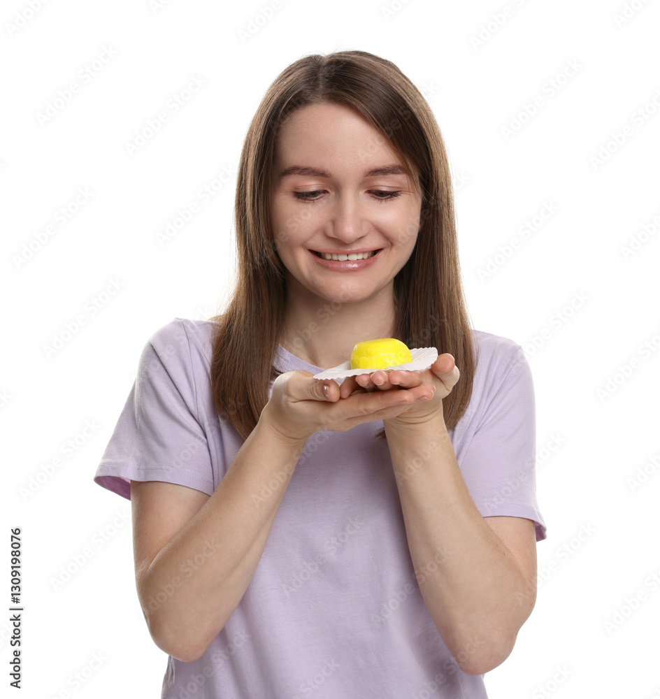 Woman with tasty mochi on white background Woman with tasty mochi on white background