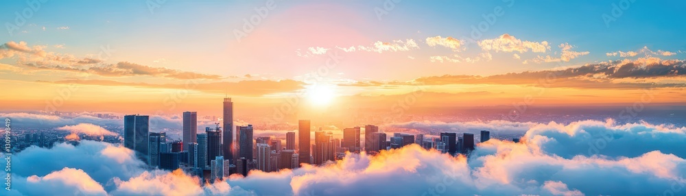 Fototapeta premium Rolling Clouds Over City Skyline at Sunrise with Vibrant Colors and Soft Morning Light
