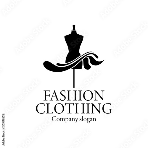 Elegant logo design featuring a mannequin silhouette with a flowing fabric element, representing a fashion clothing company