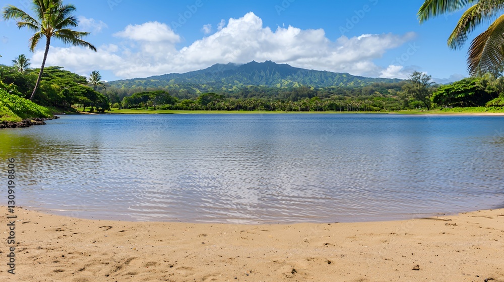 Tropical Lake and Sandy Beach with Green Mountains Under a Bright Blue Sky Tropical Lake and Sandy Beach with Green Mountains Under a Bright Blue Sky
