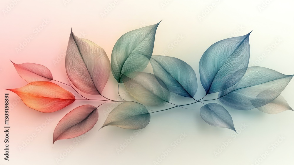 Delicate, colorful leaves on branch, soft pastel background Delicate, colorful leaves on branch, soft pastel background