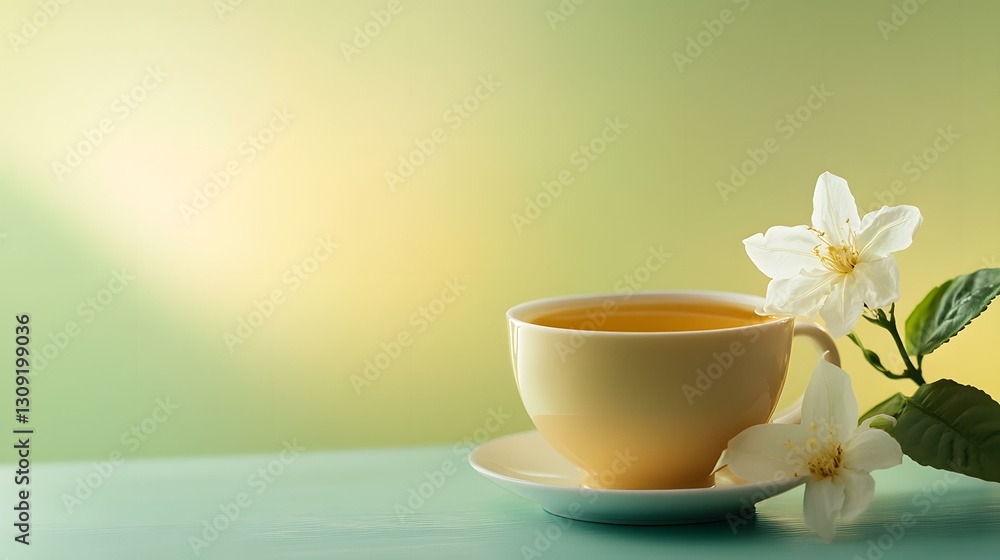 A simple yet elegant cup of jasmine tea with a golden hue, set against a gradient background shifting from pastel yellow to soft green on the right, creating a tranquil and refreshing scene A simple yet elegant cup of jasmine tea with a golden hue, set against a gradient background shifting from pastel yellow to soft green on the right, creating a tranquil and refreshing scene