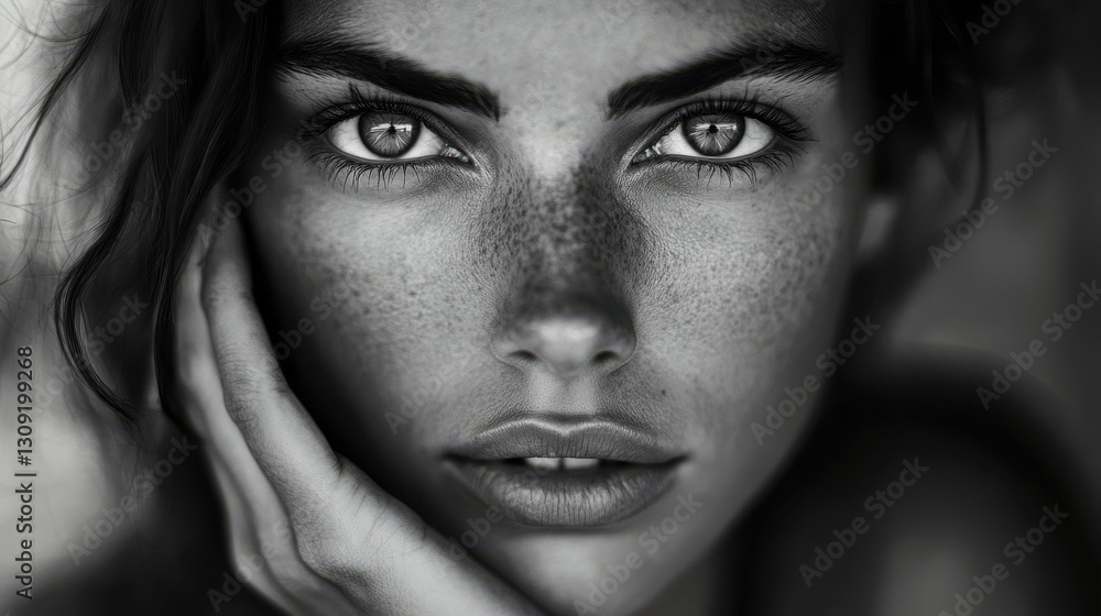 An emotional black and white close-up portrait of a woman with her hand on her cheek, eyes wide in astonishment, the play of light and shadow creating depth An emotional black and white close-up portrait of a woman with her hand on her cheek, eyes wide in astonishment, the play of light and shadow creating depth