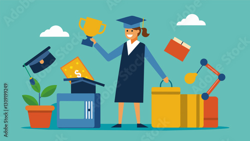 In a unique move one graduate auctions off their unused household items and puts the earnings towards their student loan payments.. Vector illustration
