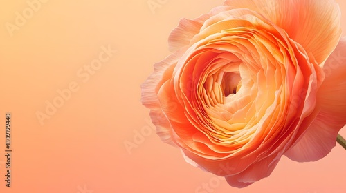 A minimalist portrayal of a peach ranunculus with softly curled petals, set against a gradient background shifting from warm peach to soft pink on the right, creating a serene and romantic visual