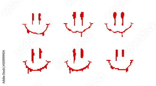 Six pixelated red distorted smiley faces, featuring an eerie glitch horror aesthetic.