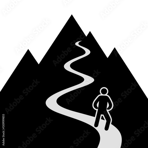 Silhouette of Hiker on Winding Mountain Path Adventure Journey Concept