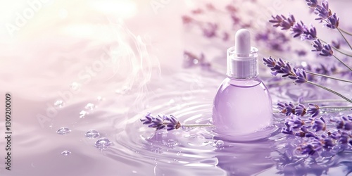 Floating calming spa lotions on a soft lavender background