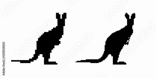 Two kangaroo silhouettes in profile show their long tails and large hind legs. they stand in distinct poses.