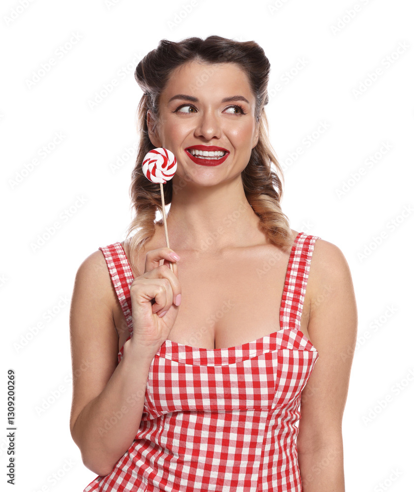 Happy pin-up woman with lollipop on white background Happy pin-up woman with lollipop on white background