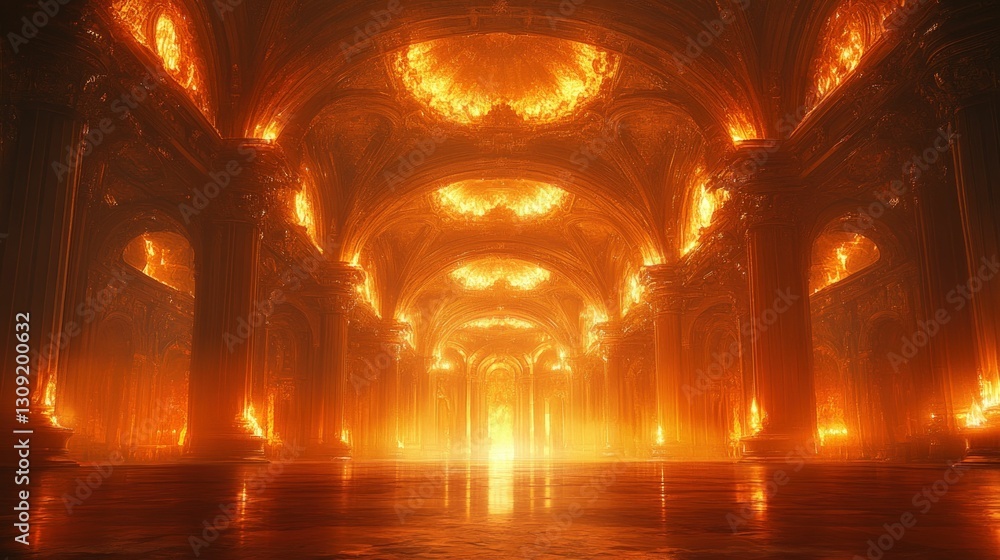 Obraz premium Fiery hall, columns ablaze, intense golden light.