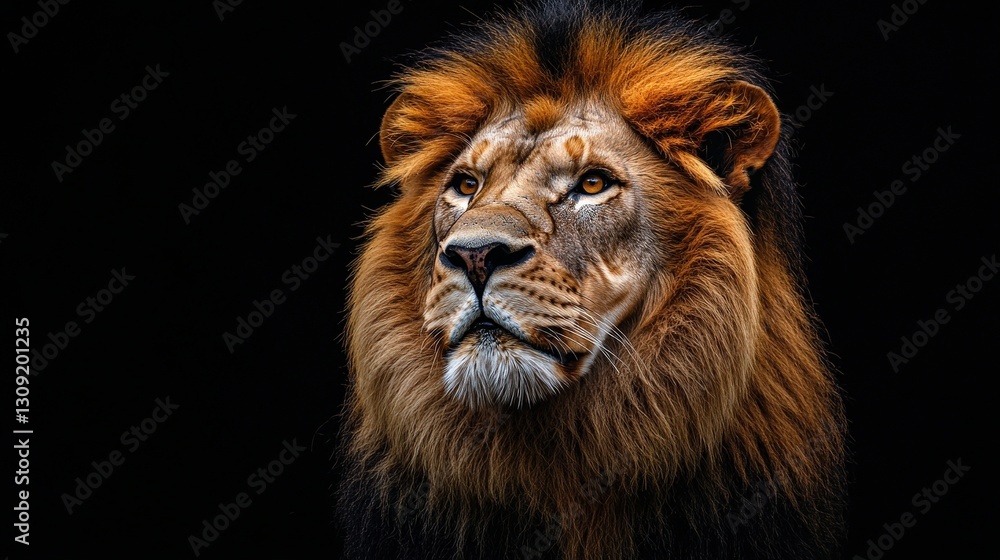 Fototapeta premium Golden-hued mane framing piercing eyes; intricate swirls of brown, black, orange, and yellow on this majestic lion's face