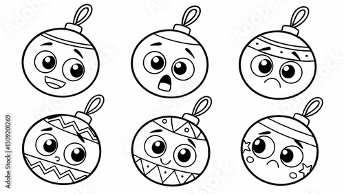 Collection of Black and White Christmas Ornament Cartoon Characters with Varied Expressions, Set of Cute Holiday Bauble Illustrations