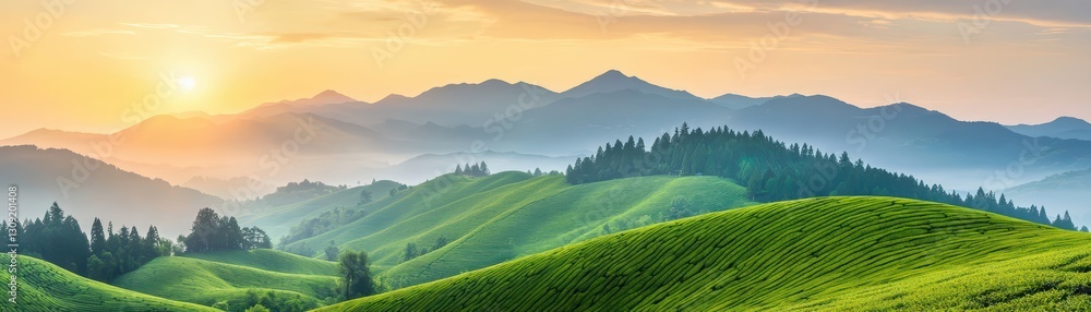 Sunrise Over Scenic Tea Plantation in Japan with Lush Green Hills and Majestic Mountains Sunrise Over Scenic Tea Plantation in Japan with Lush Green Hills and Majestic Mountains