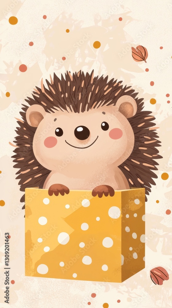 Naklejka premium Hedgehog in Yellow Polka-Dot Box